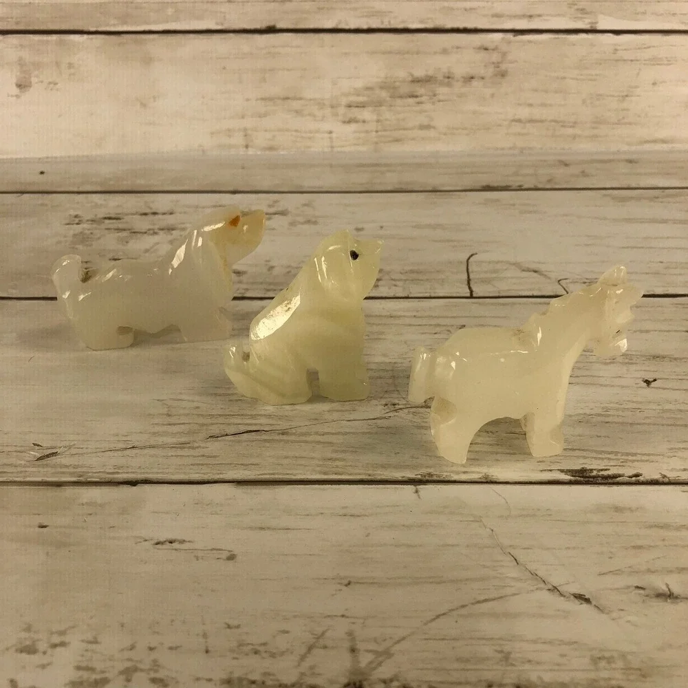 Vintage Carved White Onyx Stone Animal Figurines Set of‎ 3 Dog Bear Horse